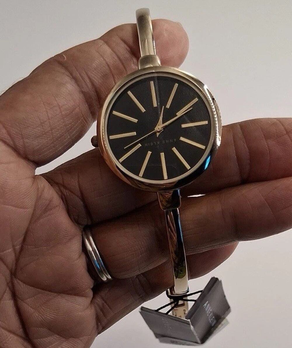 ANNE KLEIN Women's Watch Rose Gold Tone Black Dial Bangle Bracelet NWT With Tag